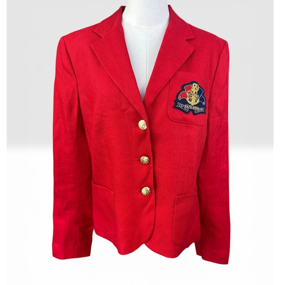 Lauren Ralph Lauren Blazer SZ16 Red Linen Nautical Gold Button Bullion Crest